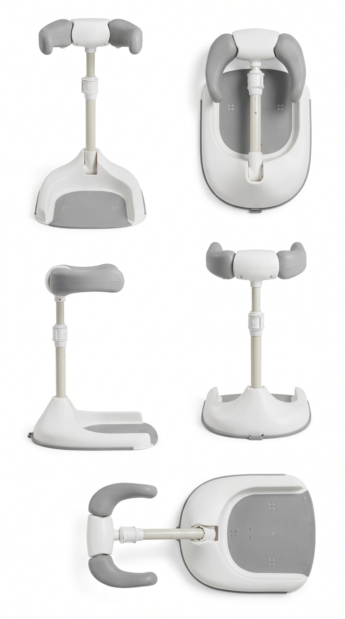 Vistas del soporte de ducha PequeDucha: frontal, lateral, superior y plegado