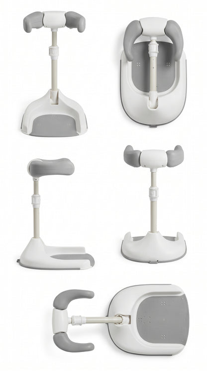 Vistas del soporte de ducha PequeDucha: frontal, lateral, superior y plegado